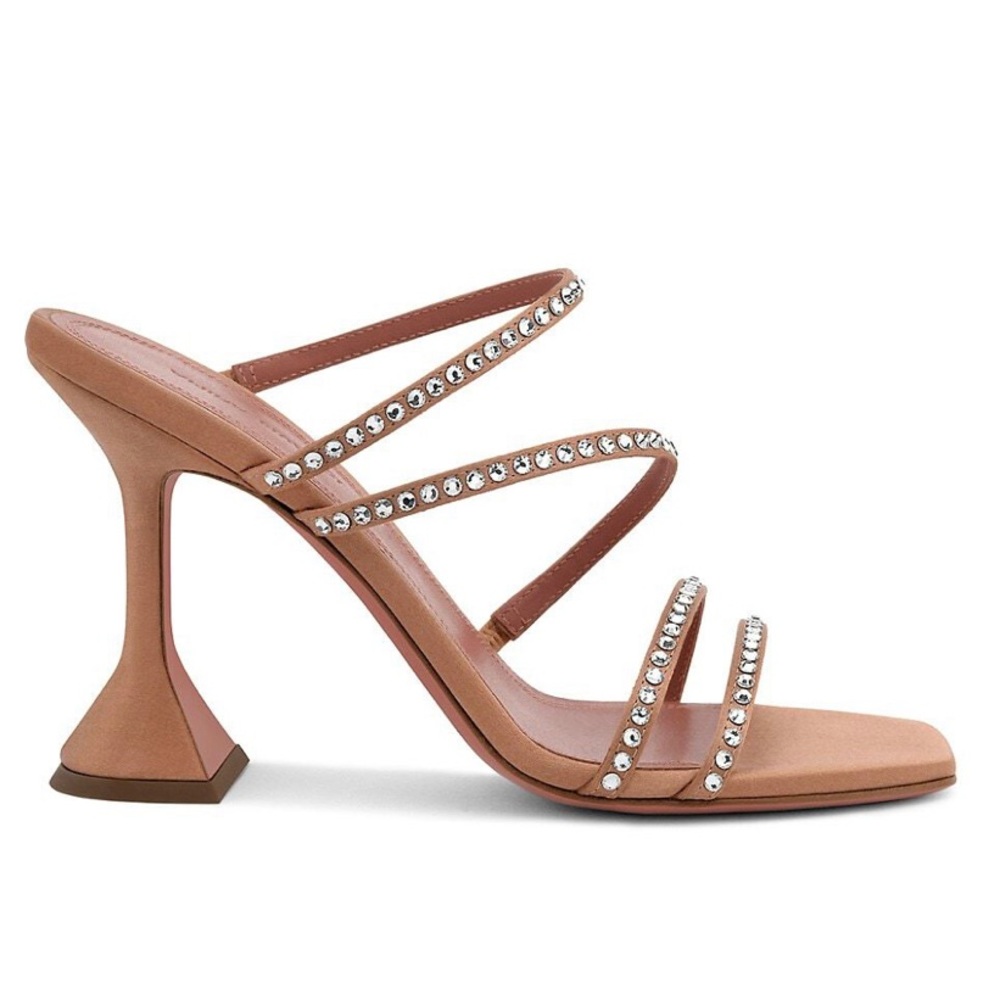 Amina Muaddi Naima Sandal Crystal Embellished Black Leather Heeled Mules
